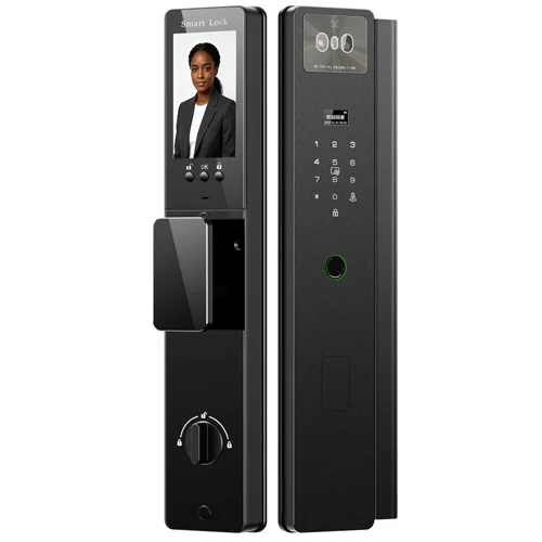 AI-powered fully automatic biometric door lock with face recognition, palm vein scanning, fingerprint sensor, and video peephole camera for keyless touchless entry