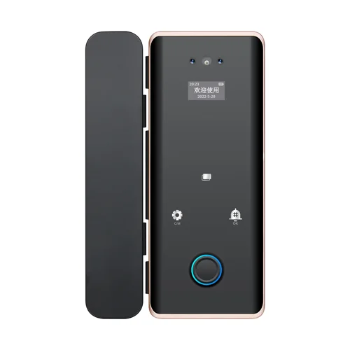 3D biometric glass door lock with face recognition, fingerprint scanner, password keypad, IC card reader, Bluetooth, doorbell, and 0.96-inch OLED display for office and shop front doors