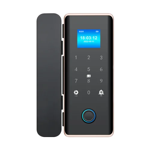 GL7 biometric glass door lock with fingerprint scanner, password keypad, IC card reader, Bluetooth, doorbell, and 1.77-inch color display for office and shop front glass doors