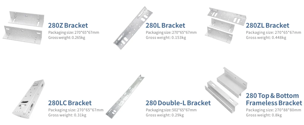 Complete 280kg maglock bracket series: 280L surface mount bracket, 280Z Z bracket for inward glass doors, 280ZL combination bracket, 280LC narrow frame bracket, 280 Double-L bracket for double doors, and top/bottom frameless glass door brackets. All access control hardware.