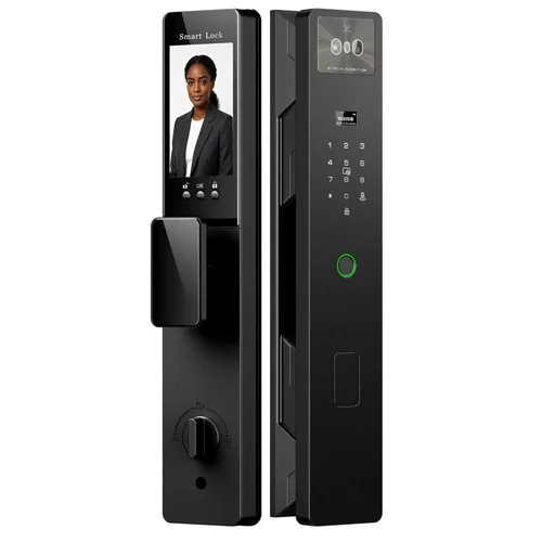 All-in-one biometric smart lock featuring face ID, palm recognition, fingerprint scanner, automatic motorized deadbolt, 1080p cat-eye camera, and video intercom for home and office security