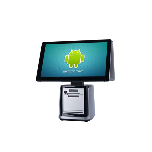 Android fanless POS terminal with 15.6-inch touchscreen, built-in 80mm thermal printer, and RK3568 processor for retail and restaurant checkout