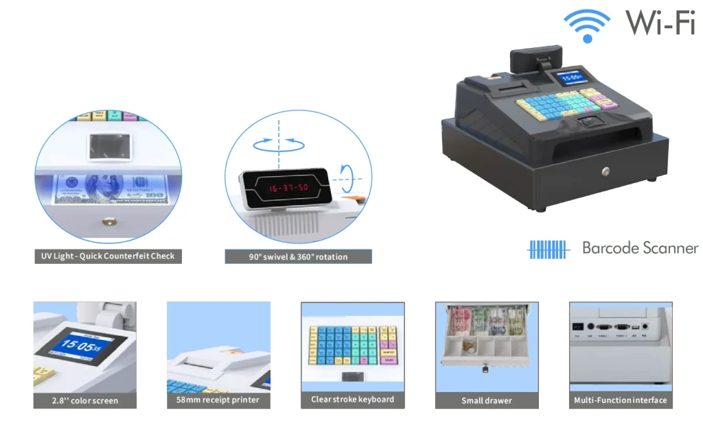 Compact ECR-A10 smart cash register with barcode scanner, thermal printer, and UV counterfeit detector for retail POS system