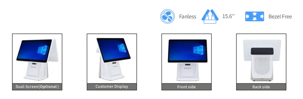 fanless POS system with 15.6-inch ultra-thin touchscreen, built-in 80mm thermal printer, and Intel Core i5 processor for retail stores and restaurants