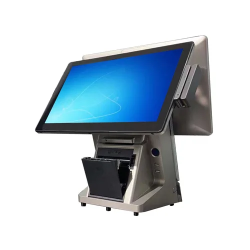 Fanless POS system with 15.6-inch bezel-free touchscreen monitor, built-in 80mm thermal receipt printer with auto cutter, and Intel Core i5 processor for retail stores, restaurants, and hospitality checkout