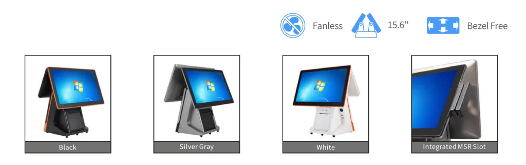 Fanless POS terminal with 15.6-inch bezel-free touchscreen, built-in 80mm thermal printer, and Intel Core i5 processor for retail checkout systems