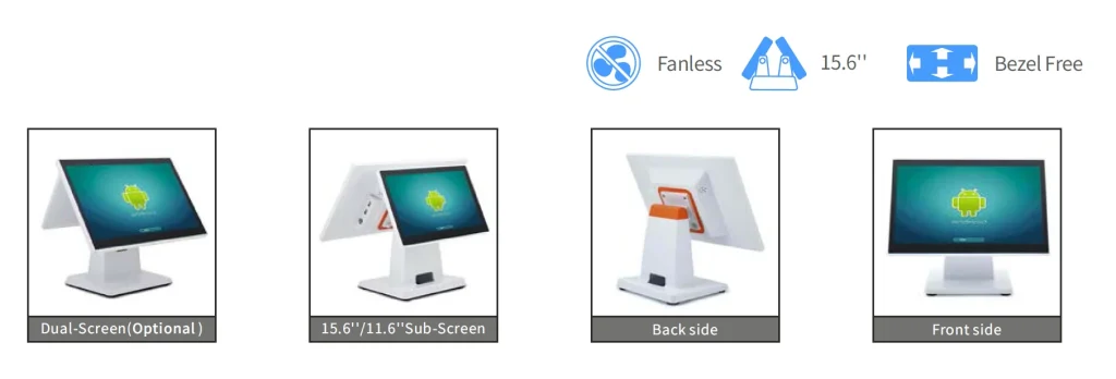 POS-D30 Android fanless POS terminal with 15.6-inch touchscreen, RK3566 processor, and 10-point capacitive touch for retail stores and restaurants