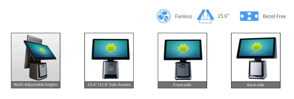 POS-D40 Android fanless POS terminal with 15.6-inch touchscreen, built-in 80mm thermal printer, and RK3568 processor for retail and restaurant checkout