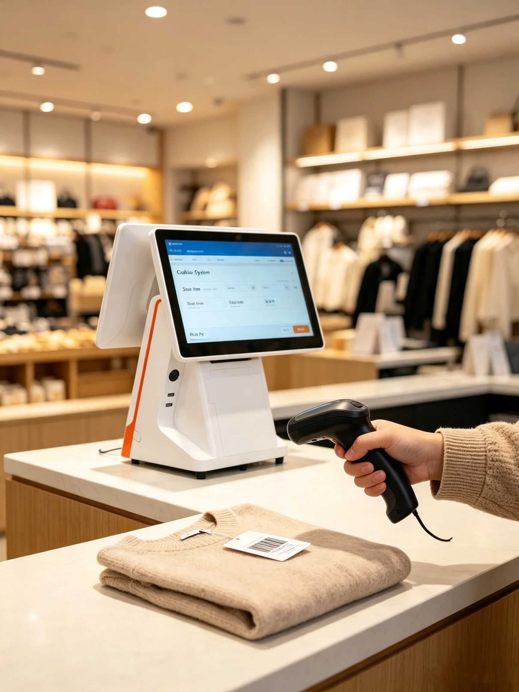 Home Cashier using fanless POS terminal with touchscreen and thermal printer at retail store checkout counter