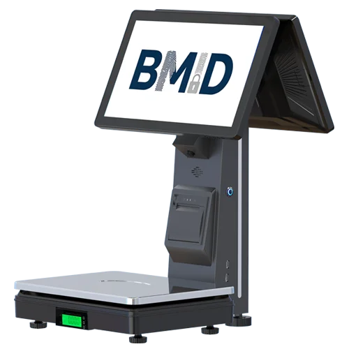 SC80 touch scale POS terminal with 15.6-inch touchscreen, built-in 58mm thermal printer, metal housing, and 200W camera for retail weighing and checkout